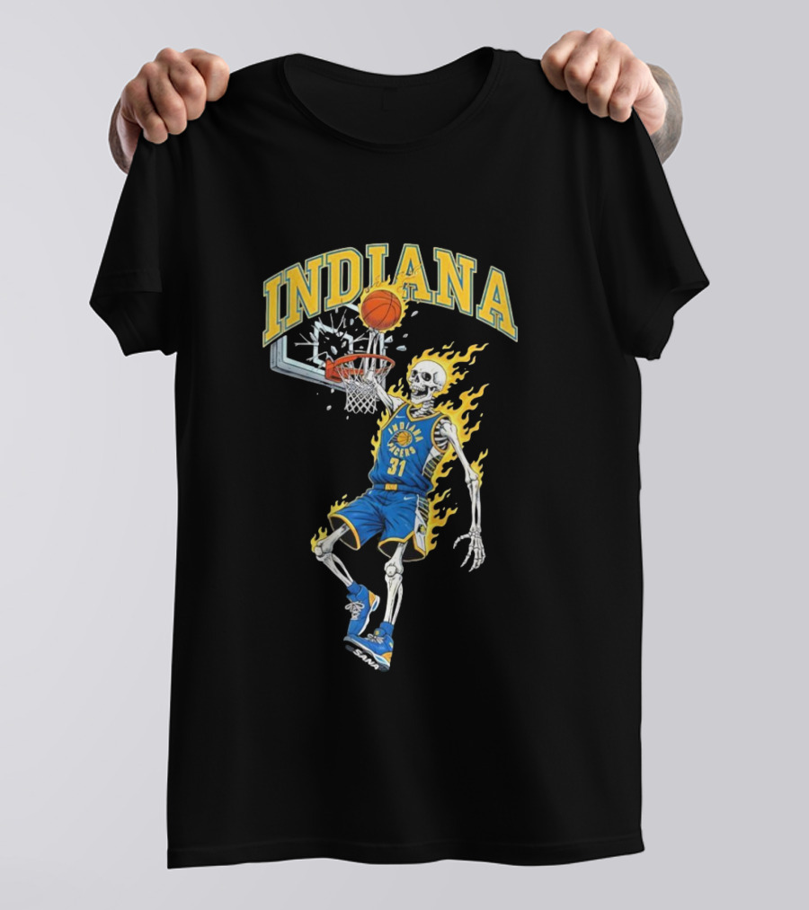 Indiana Pacers Skeleton Basketball Dunk In Flames T-Shirt