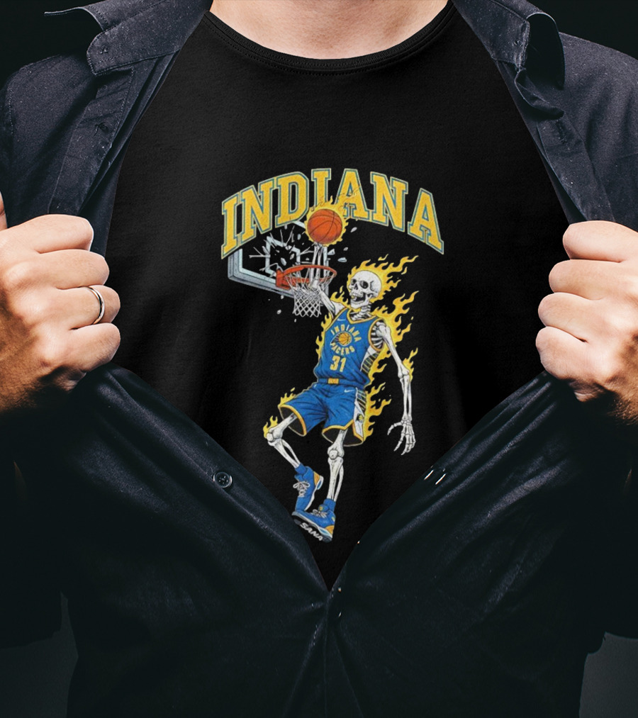 Indiana Pacers Skeleton Basketball Dunk In Flames T-Shirt