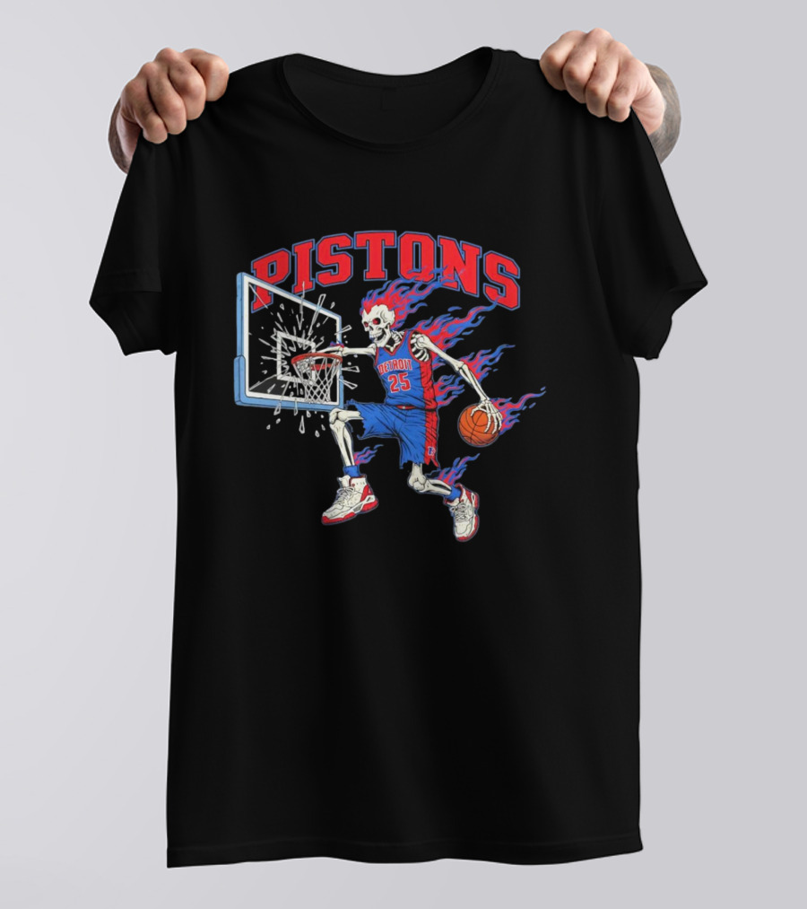 Detroit Pistons Skeleton Basketball Player With Flame Hair Dunking T-Shirt