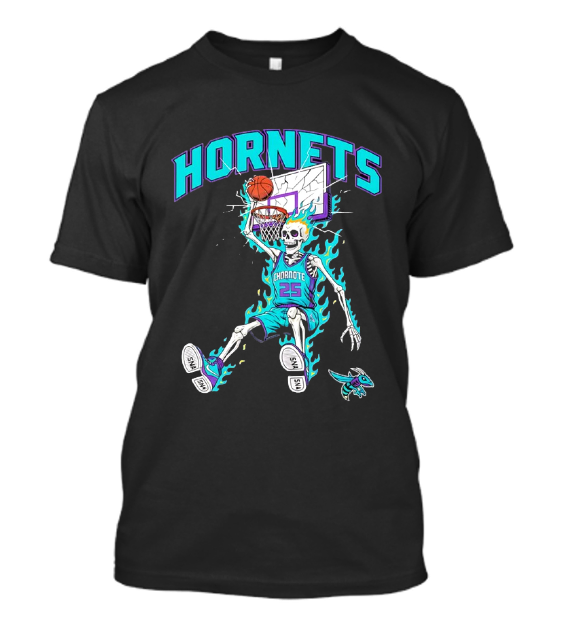Charlotte Hornets Skeleton Dunking Basketball Retro Style Flame T-Shirt