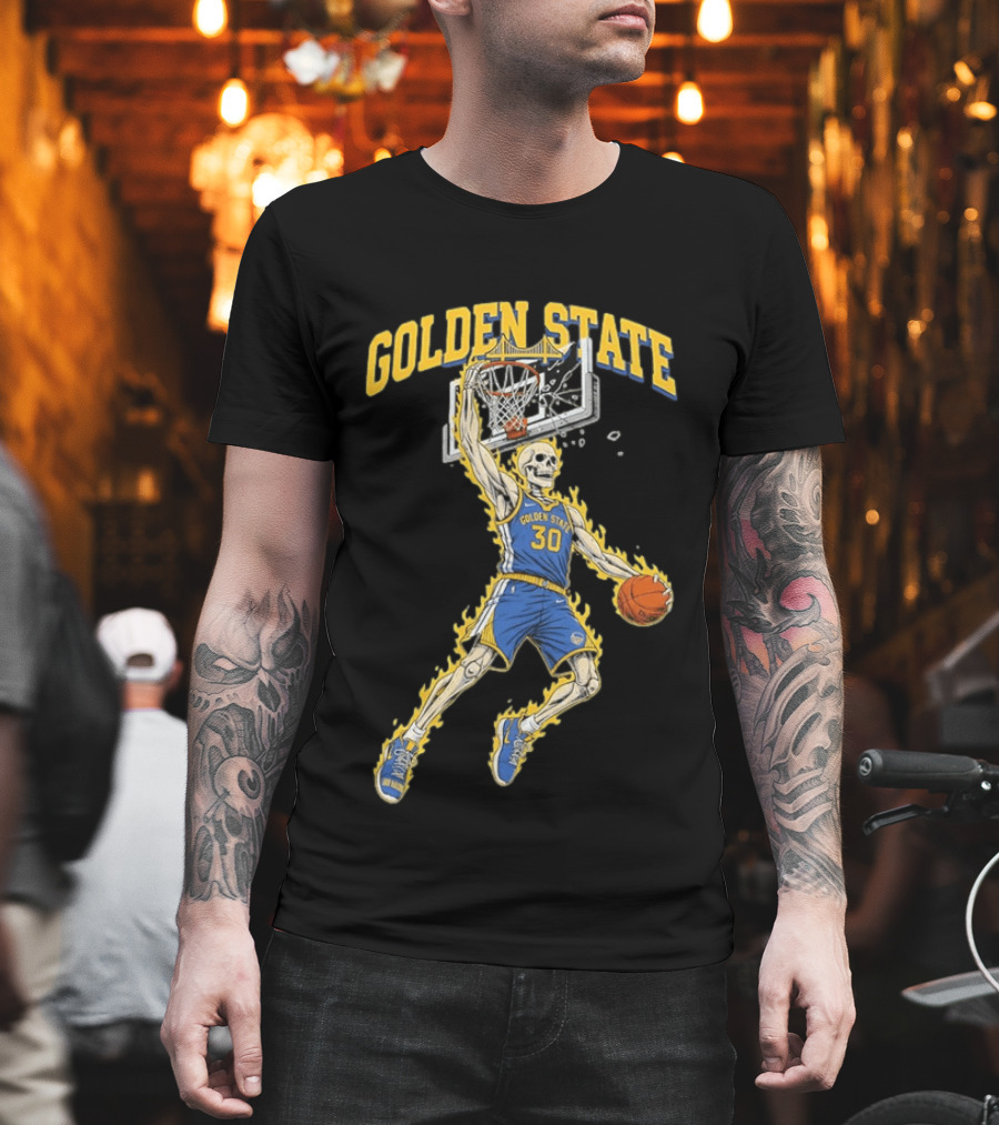 Golden State Warriors Basketball Skeleton Player Slam Dunk Fire T-Shirt