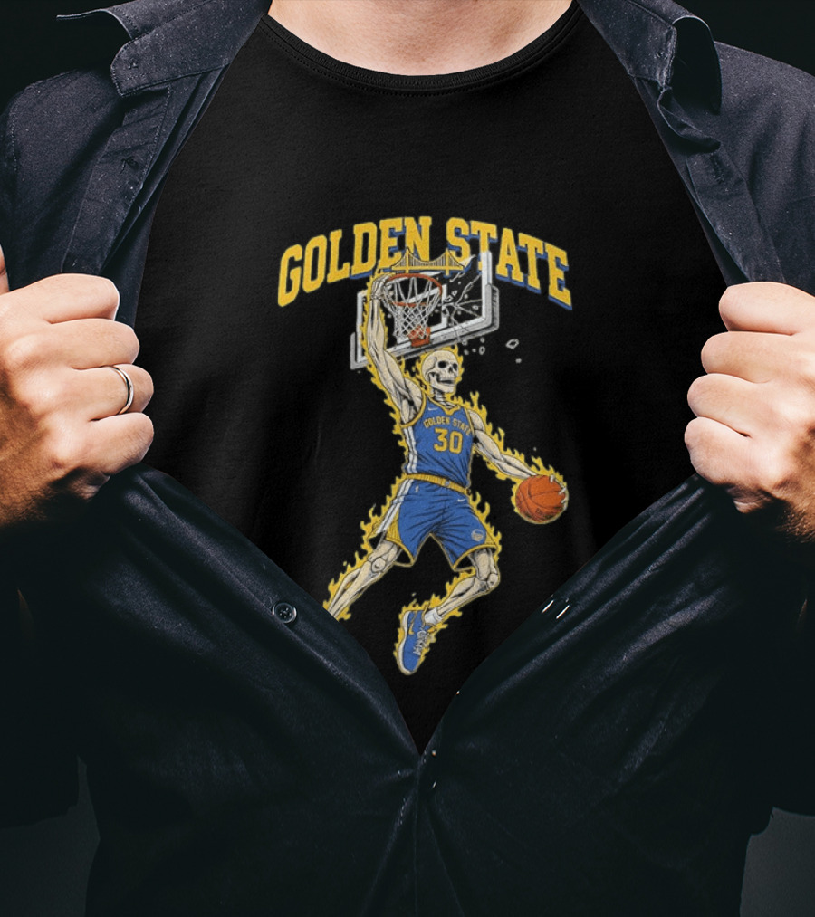 Golden State Warriors Basketball Skeleton Player Slam Dunk Fire T-Shirt