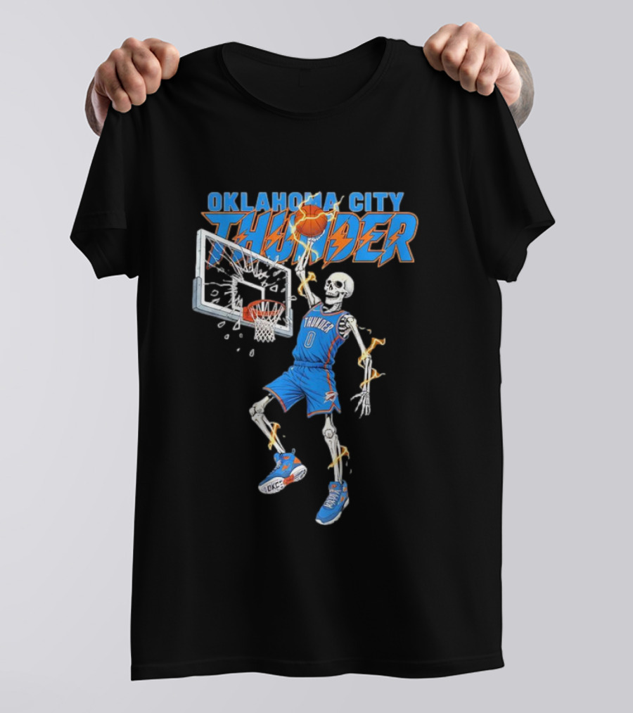 Oklahoma City Thunder Basketball Skeleton Dunking Fiery Hoops Player T-Shirt