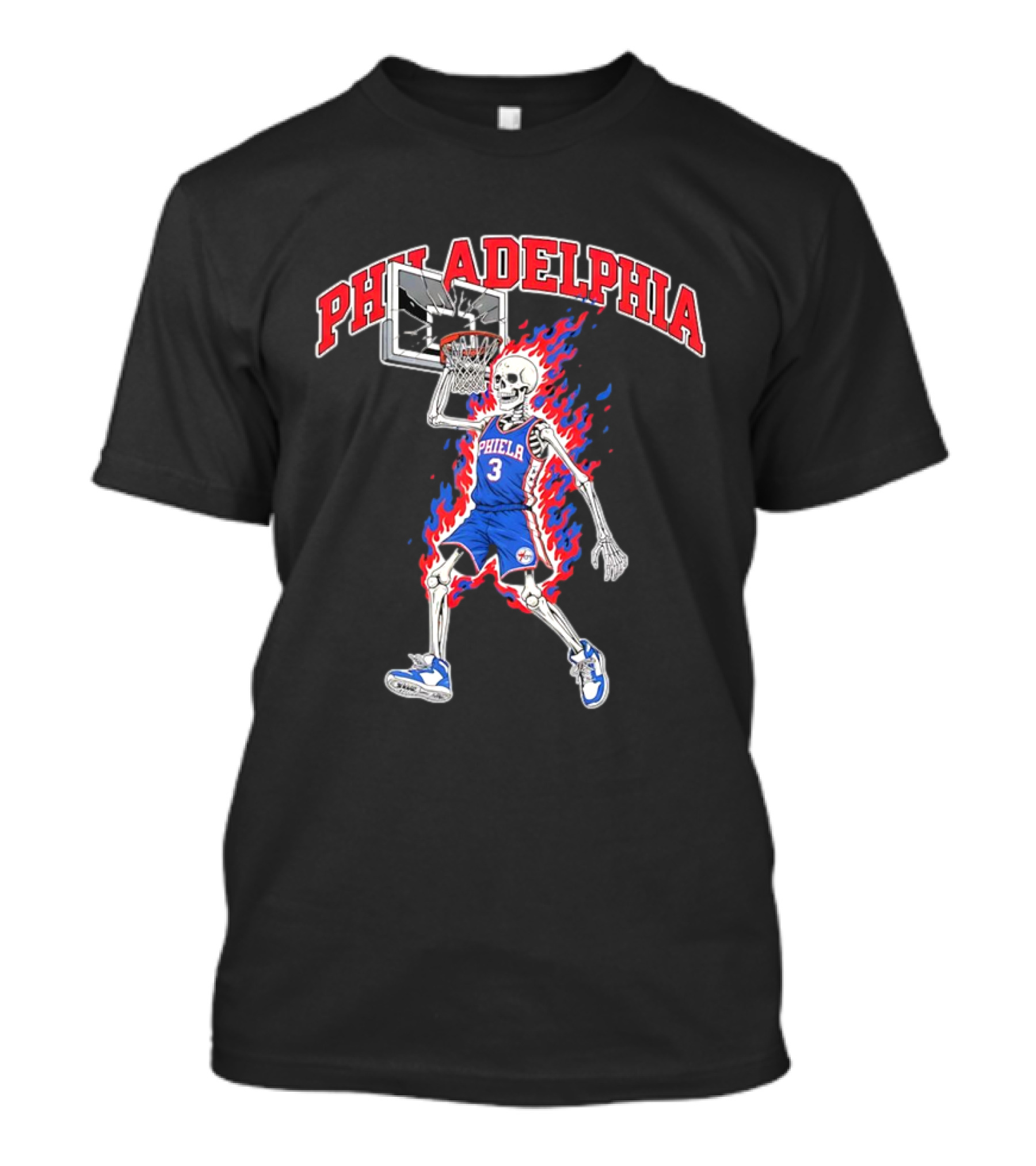 Philadelphia 76ers Skeleton Dunking Basketball Player In Flames T-Shirt