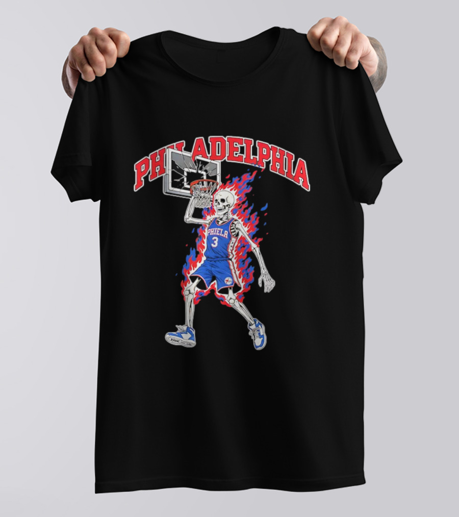 Philadelphia 76ers Skeleton Dunking Basketball Player In Flames T-Shirt