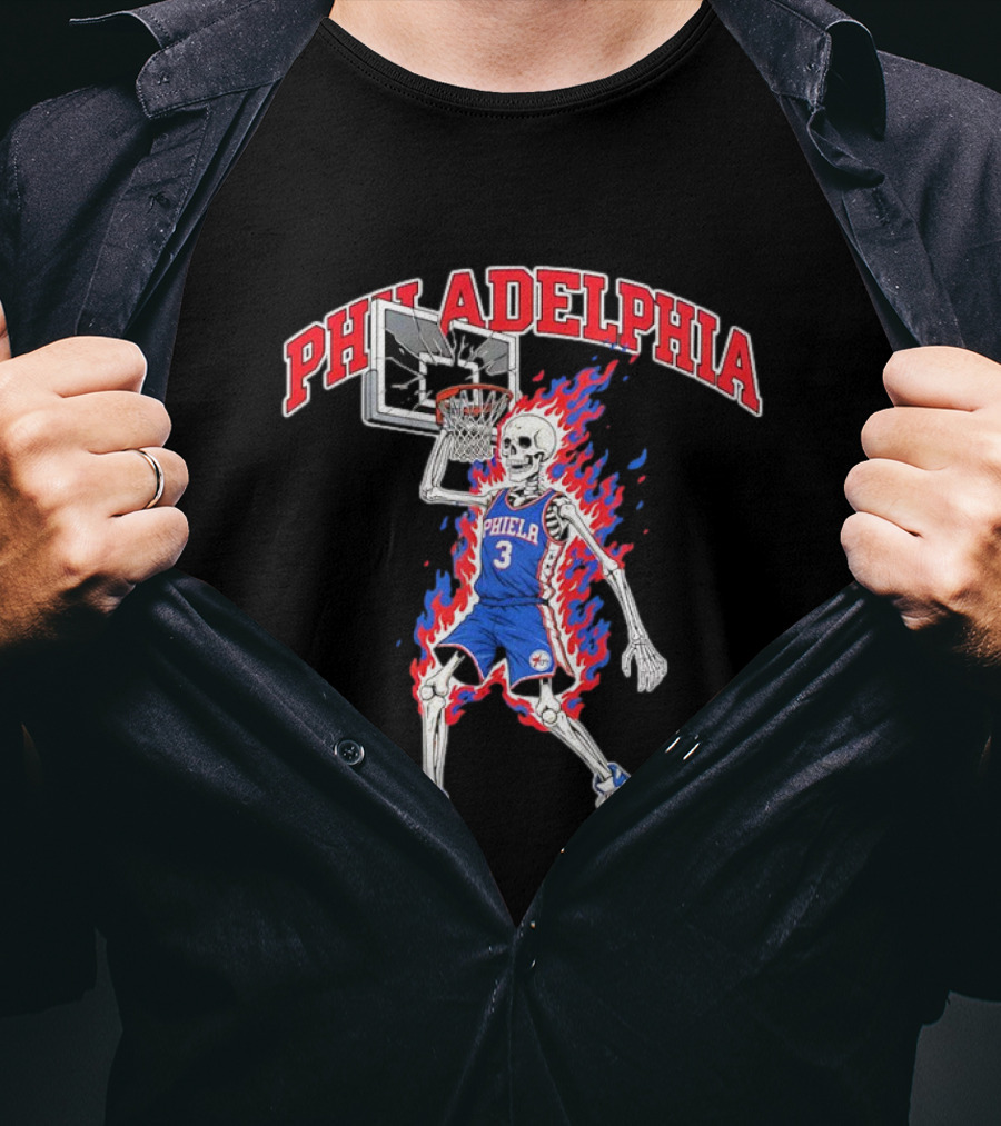 Philadelphia 76ers Skeleton Dunking Basketball Player In Flames T-Shirt