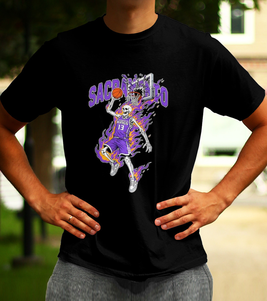 Sacramento Kings Skeleton Basketball Player Flames Sports Team T-Shirt