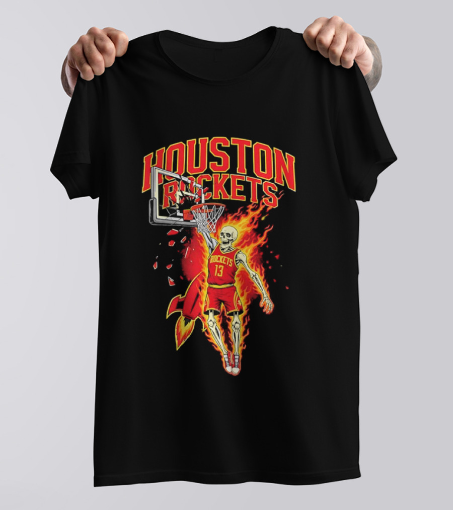 Houston Rockets Basketball Flaming Skeleton Player Dunking T-Shirt