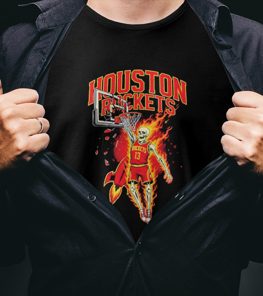 Houston Rockets Basketball Flaming Skeleton Player Dunking T-Shirt