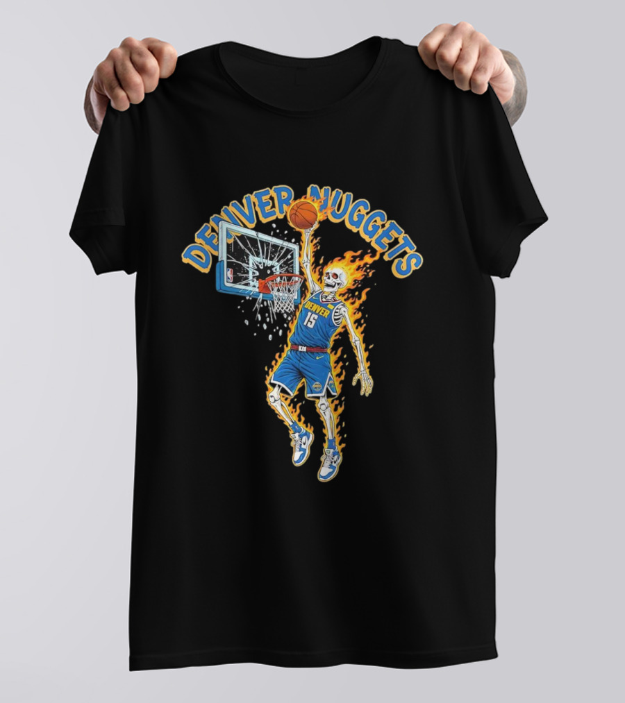 Denver Nuggets Skeleton Player Dunking With Basketball And Fire T-Shirt