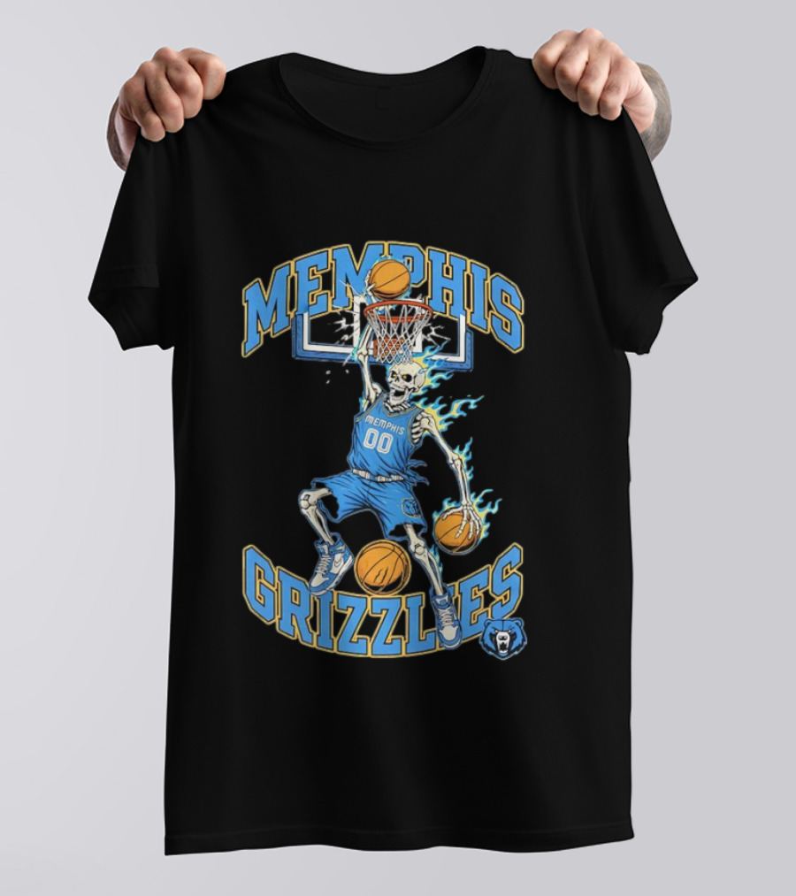 Memphis Grizzlies Basketball Skeleton Player Slam Dunking With Flames T-Shirt