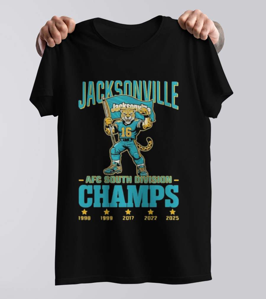 Jacksonville Jaguars Mascot 16 Holding Flag AFC South Division Champs 1998 1999 2017 2022 2023 T-Shirt