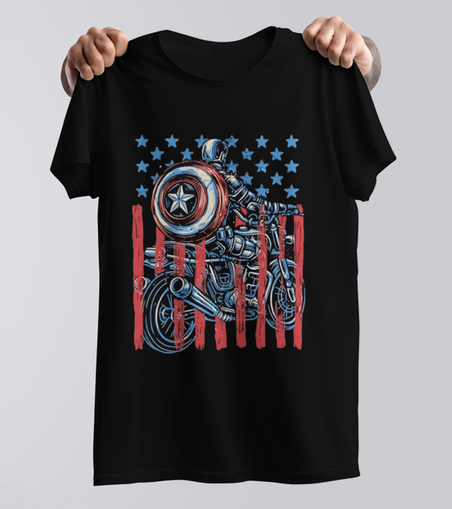 Captain America Motorcycle Ride With Shield And American Flag Stars And Stripes T-Shirt