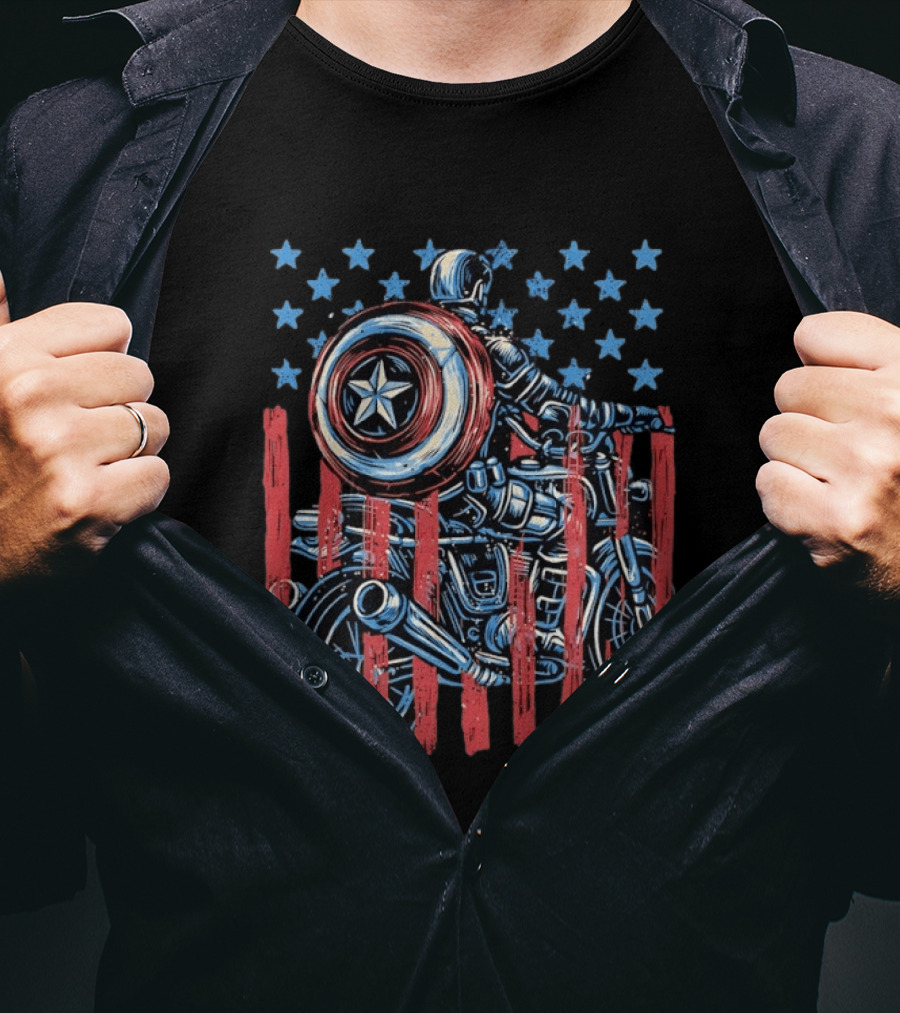 Captain America Motorcycle Ride With Shield And American Flag Stars And Stripes T-Shirt