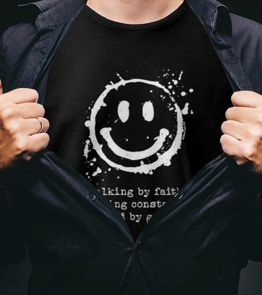 Smile Icon Splatter Walking By Faith Saved By Grace T-Shirt