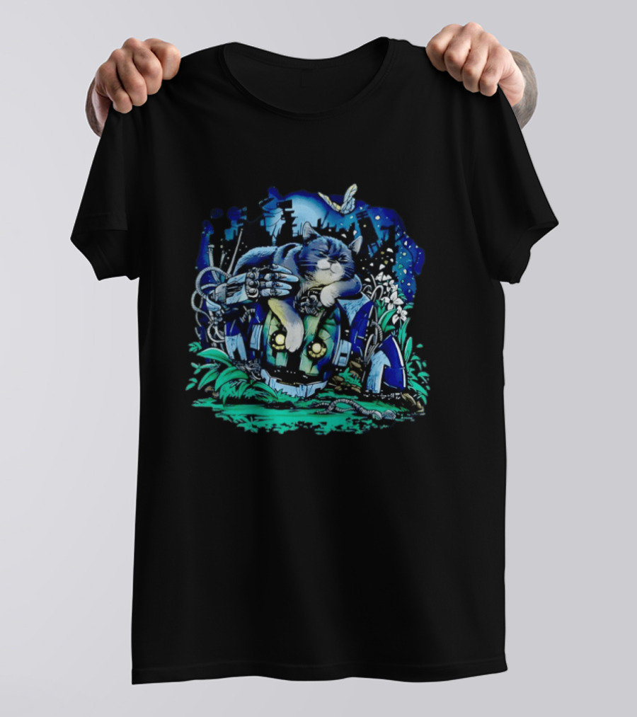 The Cat And The Robot Dystopian Cityscape With Flowers And Stars T-Shirt