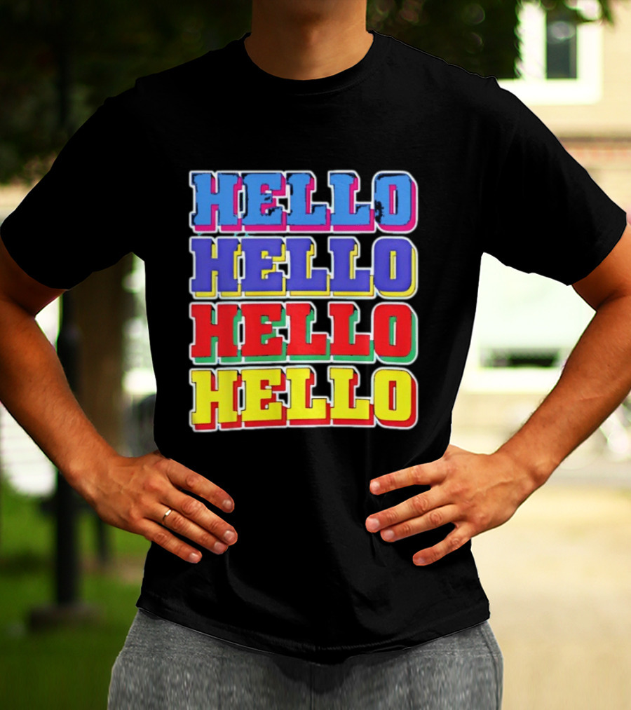 Hello Hello Hello Hello Blue Red Yellow Repeat Bold Pop T-Shirt