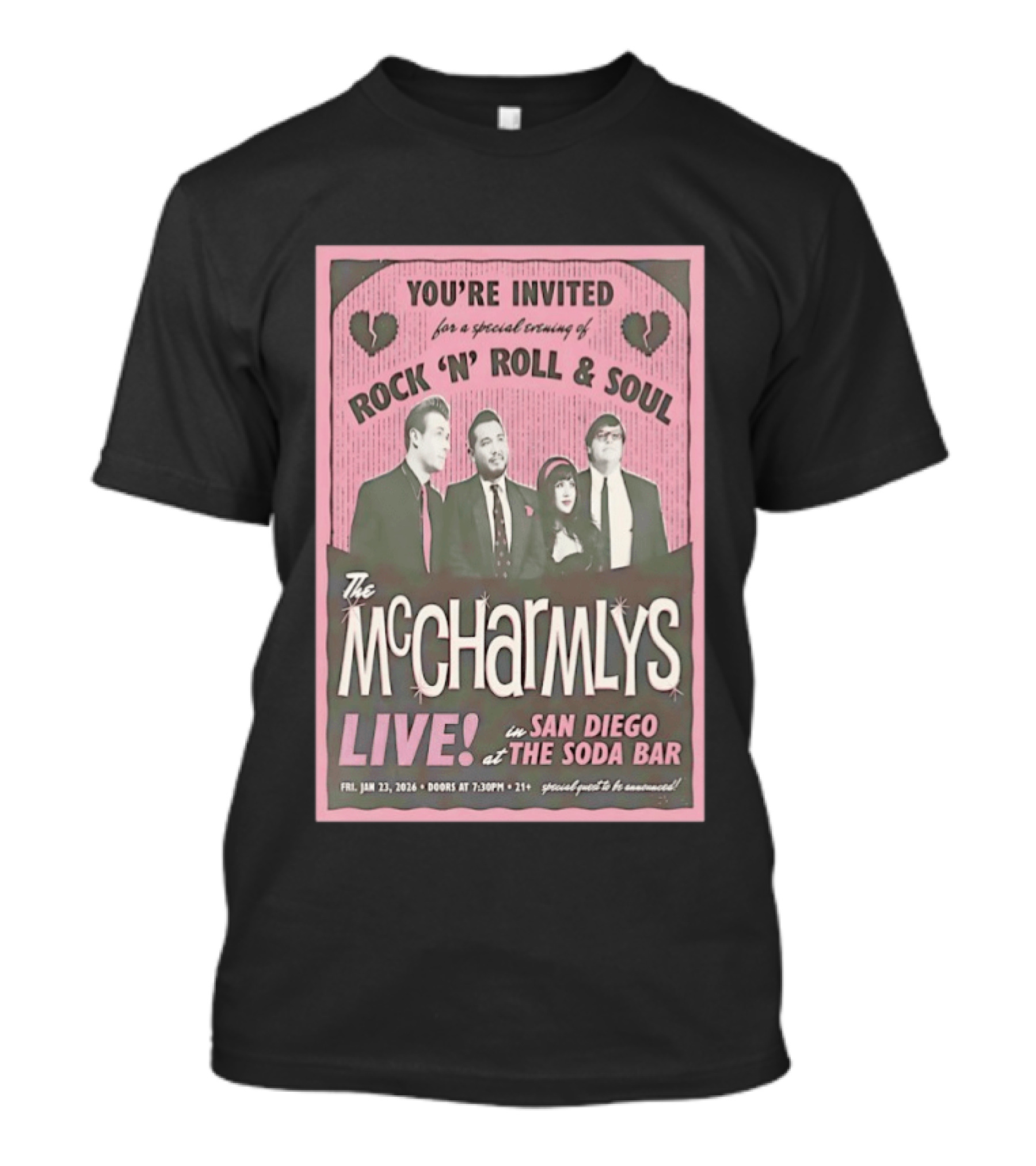 The McCharmlys Live Rock 'N' Roll And Soul San Diego Soda Bar January 23 2026 Event Invitation T-Shirt