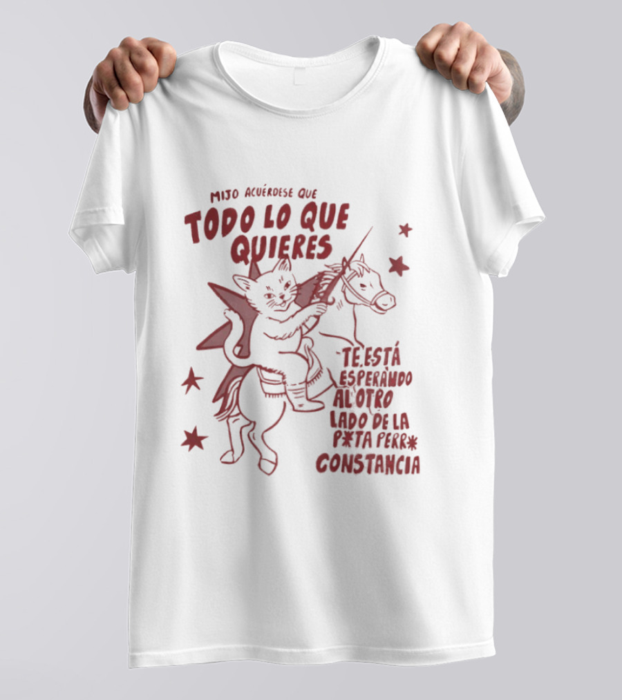 Mijo Acuerdese Que Todo Lo Que Quieres Te Esta Esperando Al Otro Lado De La Perseverancia Constancia Cat Riding Horse With Stars T-Shirt