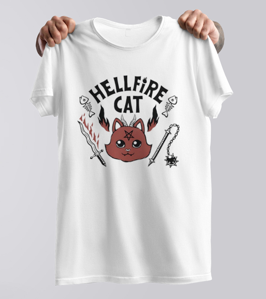Hellfire Cat Satanicat Joke Club Funny Pentagram Cat With Flaming Sword And Fish Bones T-Shirt