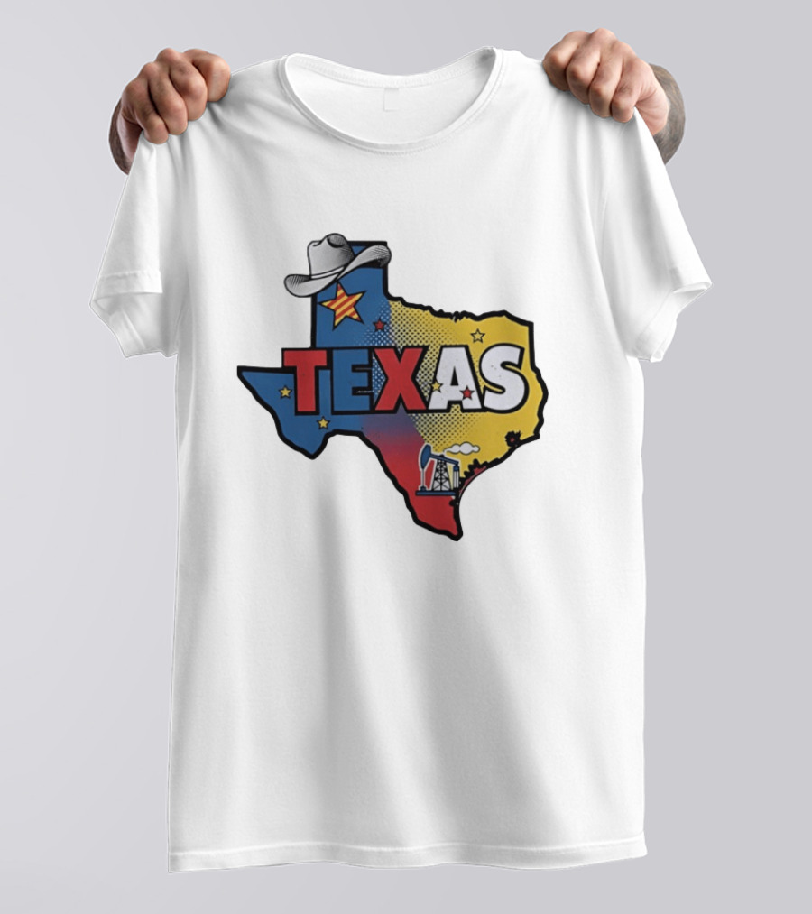 Texas Map Cowboy Hat Star Oil Rig T-Shirt