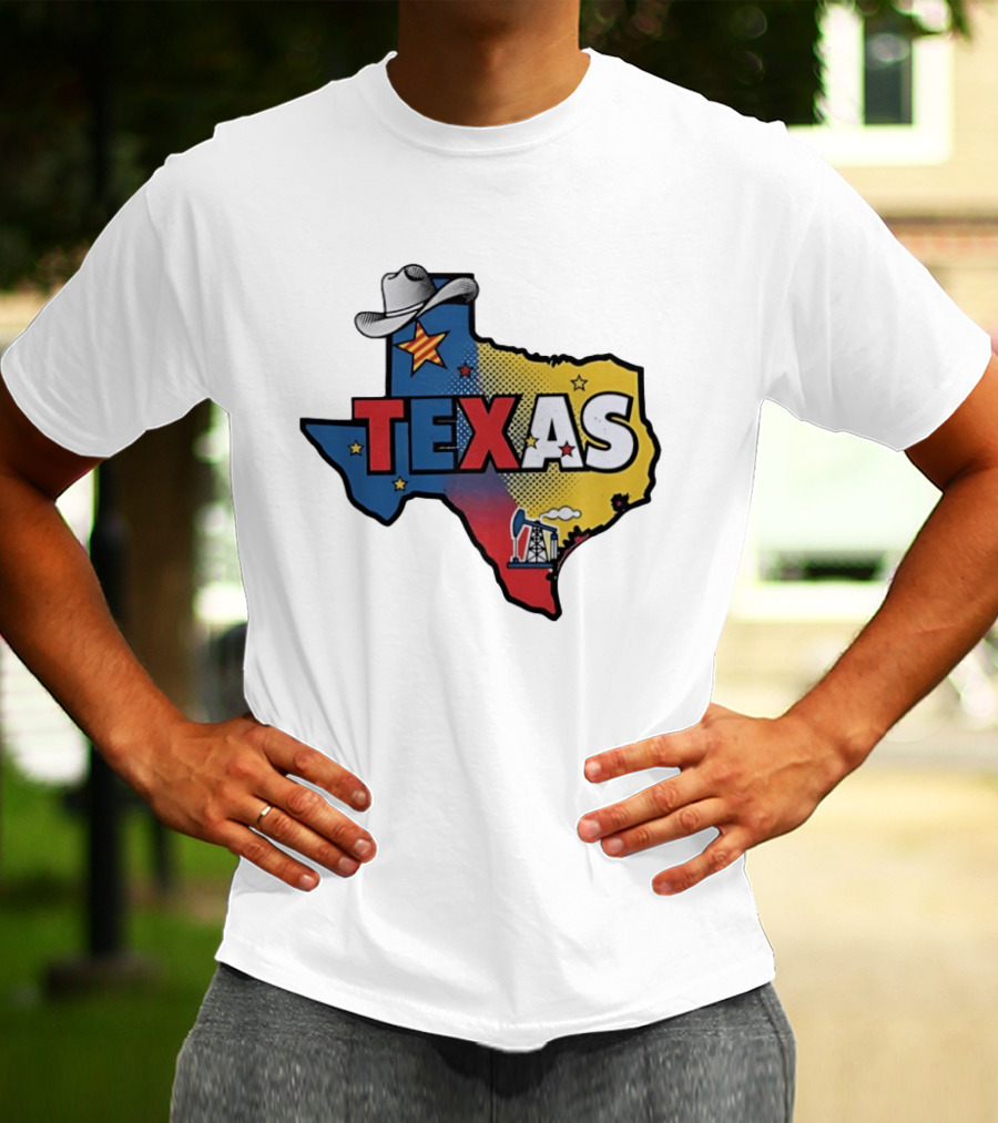 Texas Map Cowboy Hat Star Oil Rig T-Shirt