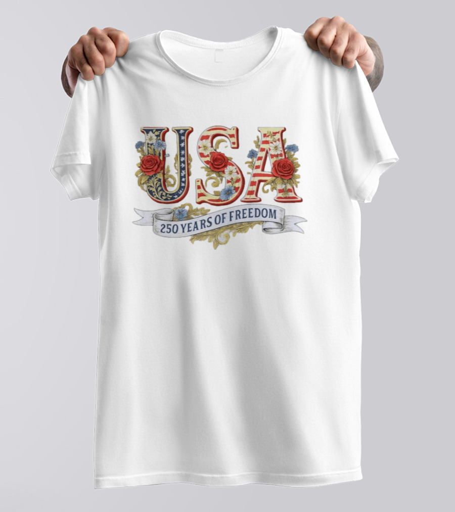 USA Patriotic 250 Years Of Freedom Floral 4th Of July Independence Day T-Shirt