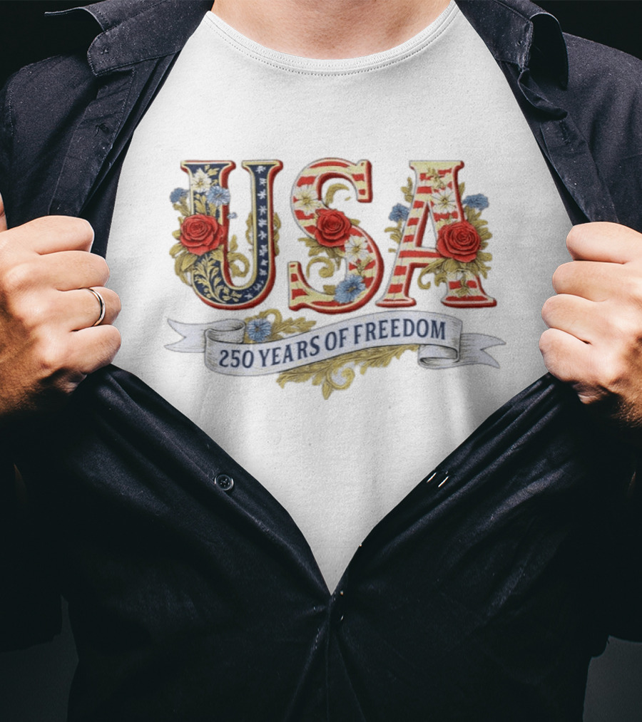 USA Patriotic 250 Years Of Freedom Floral 4th Of July Independence Day T-Shirt