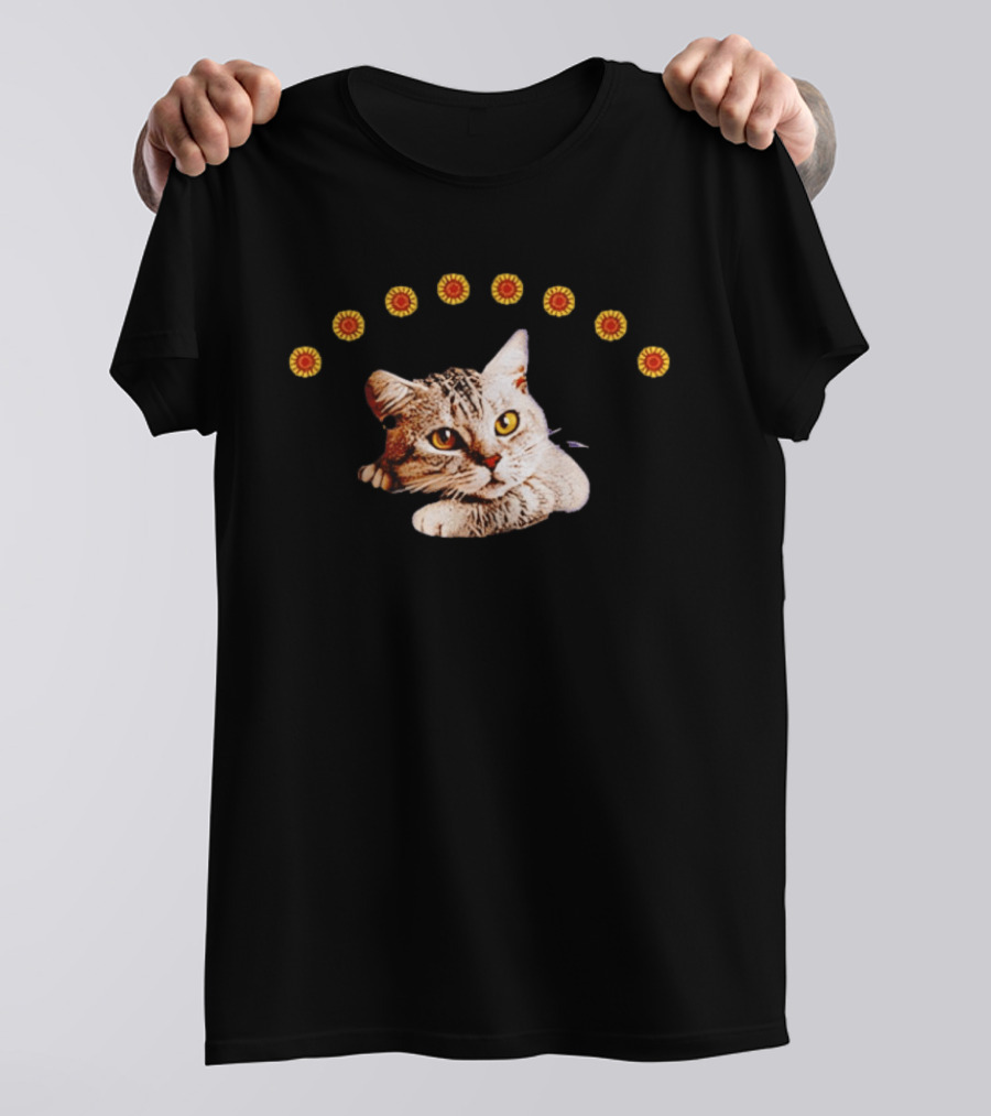 Sunflower Cat Whimsical Feline Surrounded By Flowers T-Shirt