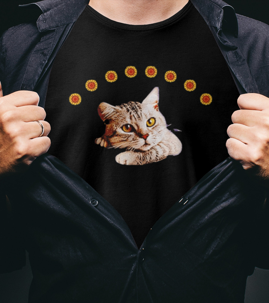 Sunflower Cat Whimsical Feline Surrounded By Flowers T-Shirt
