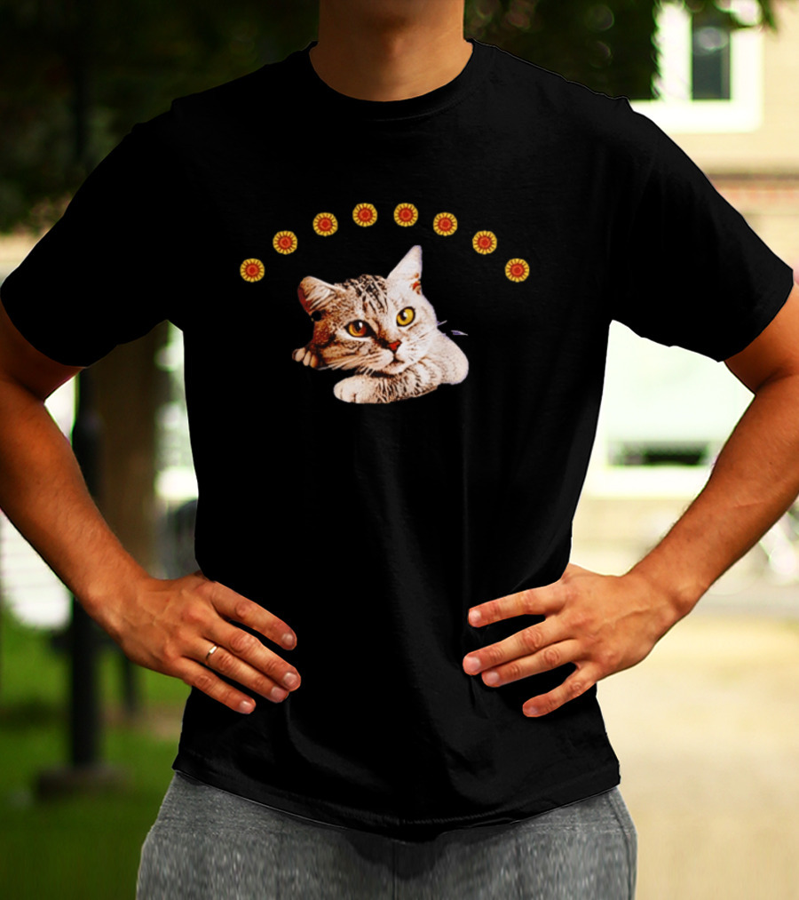 Sunflower Cat Whimsical Feline Surrounded By Flowers T-Shirt