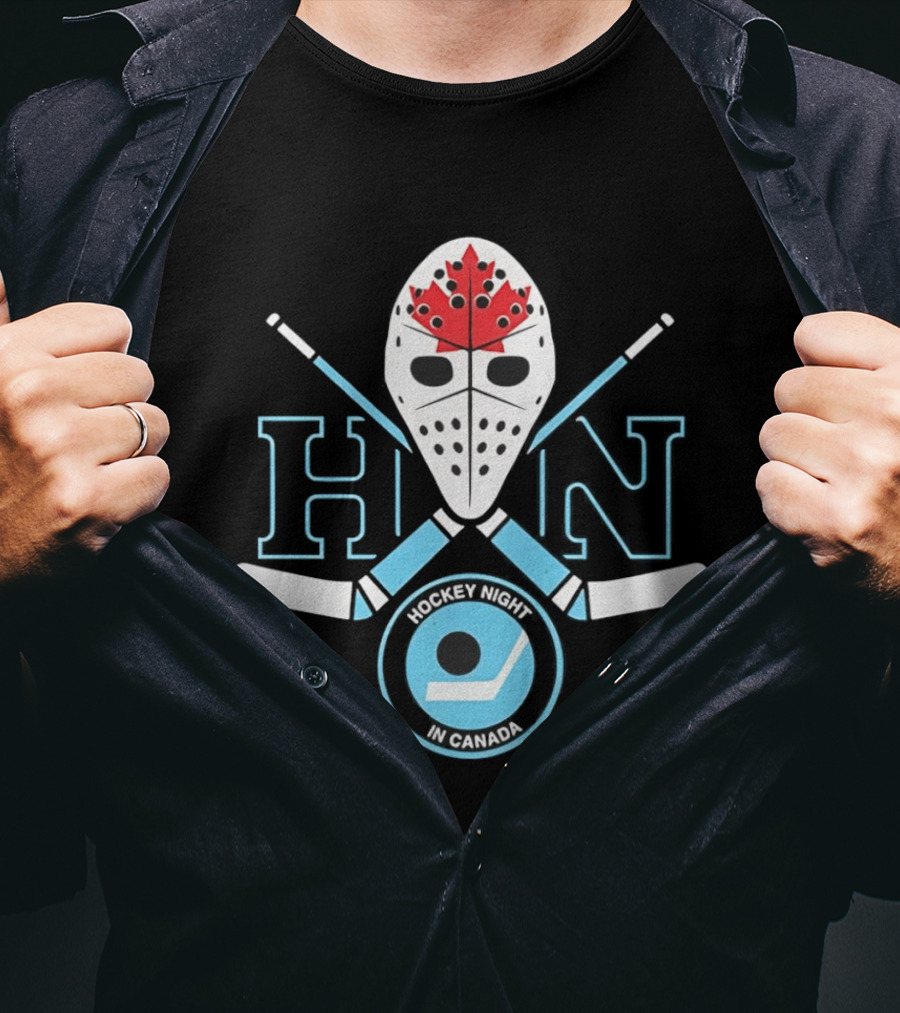 HN Hockey Night Canada Mask Crossed Sticks Maple Leaf Puck T-Shirt