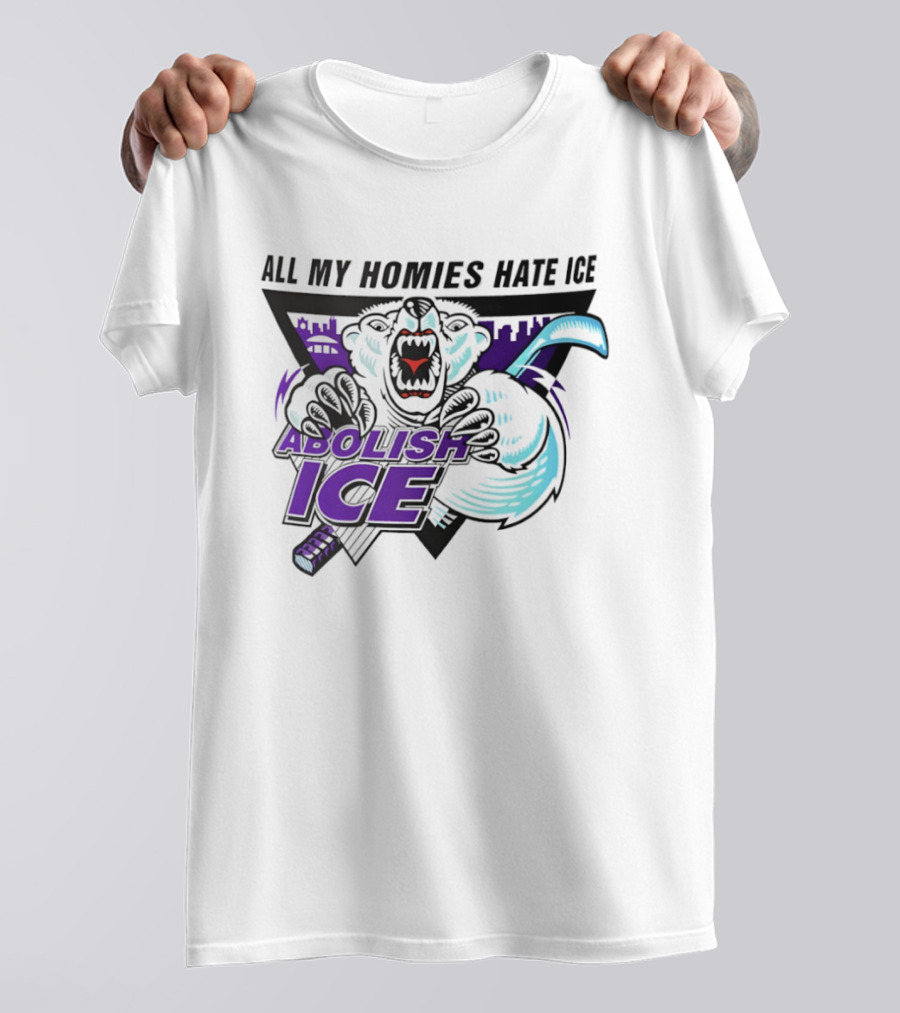 Abolish Ice All My Homies Hate Ice Polar Bear Hockey Rink Indianapolis Skyline T-Shirt