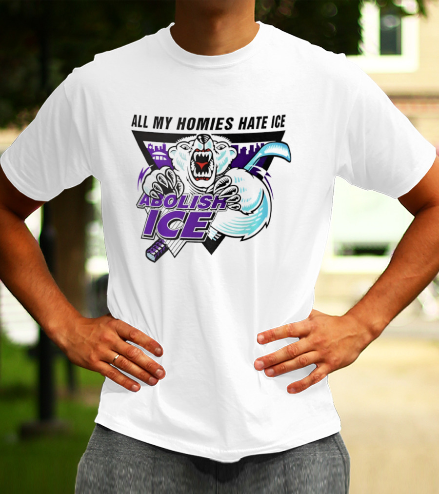 Abolish Ice All My Homies Hate Ice Polar Bear Hockey Rink Indianapolis Skyline T-Shirt