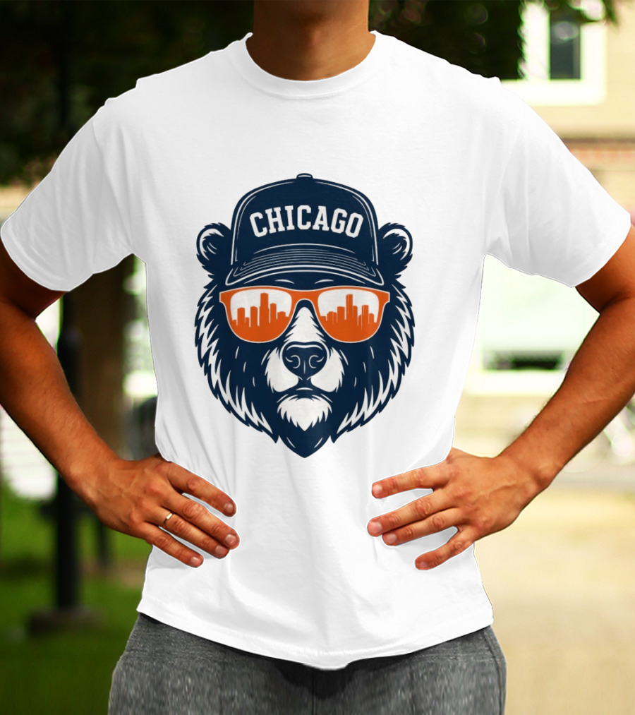 Chicago Bears Skyline 2026 Football City Bear With Hat And Sunglasses T-Shirt