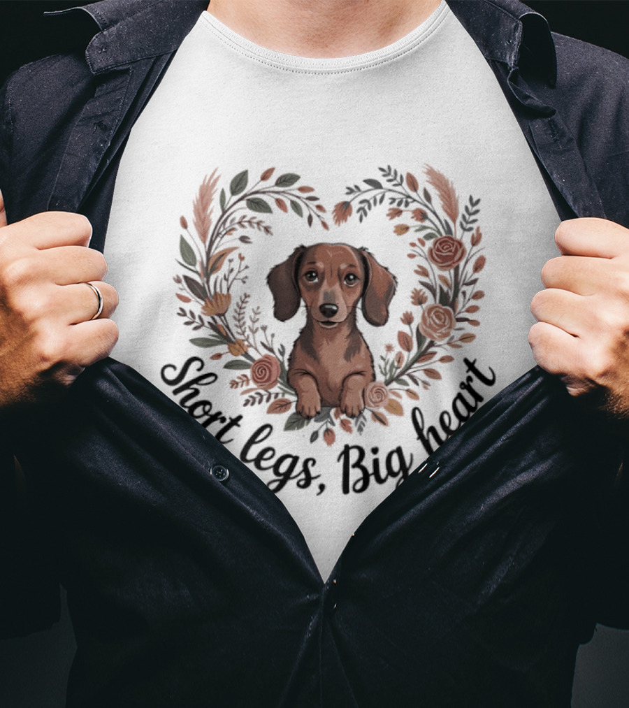 Cute Dachshund Short Legs Big Heart Floral T-Shirt