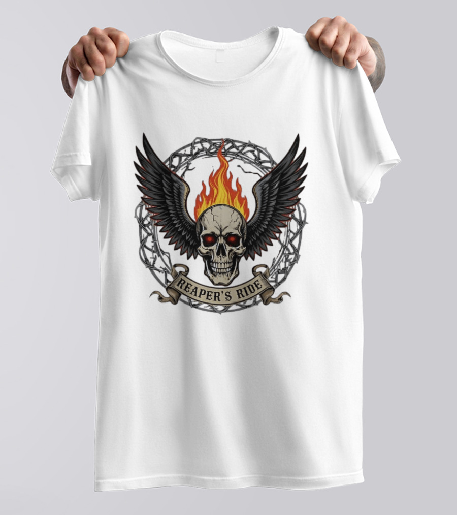 Flaming Skull With Wings Reaper's Ride T-Shirt