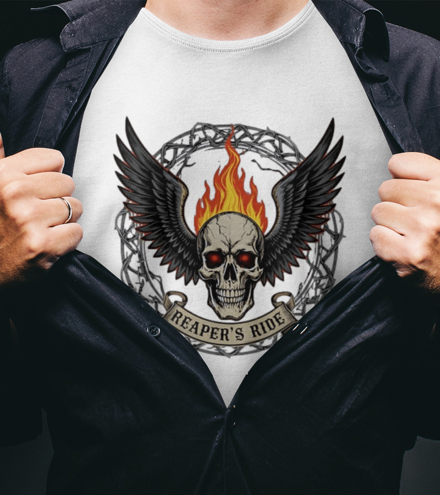 Flaming Skull With Wings Reaper's Ride T-Shirt