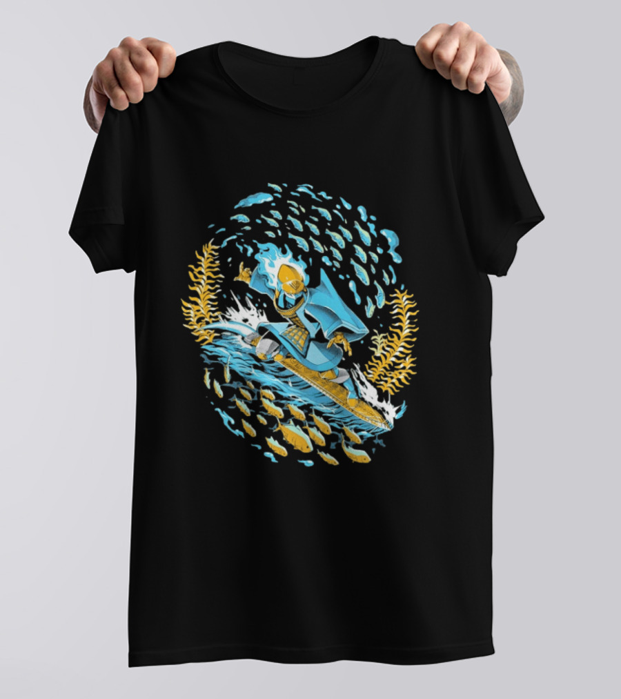 Sword Of The Sea Life Beneath The Waves Golden Samurai Surfer Wave Motion T-Shirt