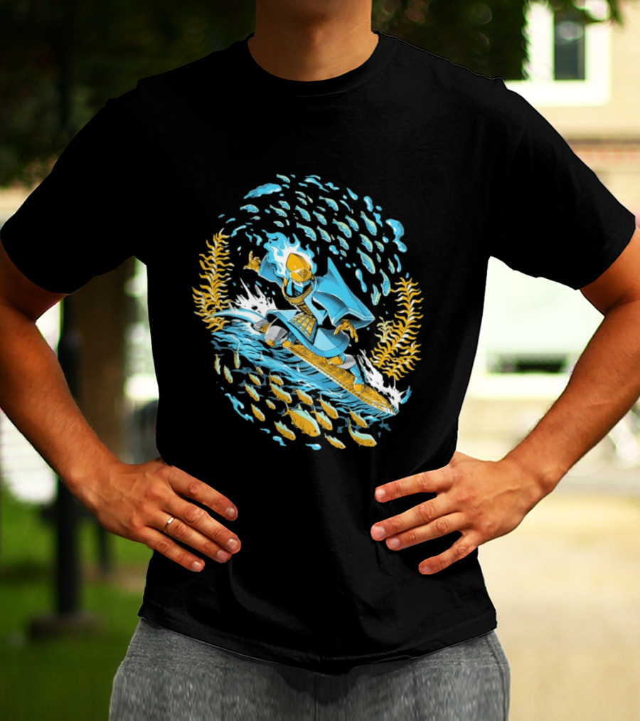 Sword Of The Sea Life Beneath The Waves Golden Samurai Surfer Wave Motion T-Shirt