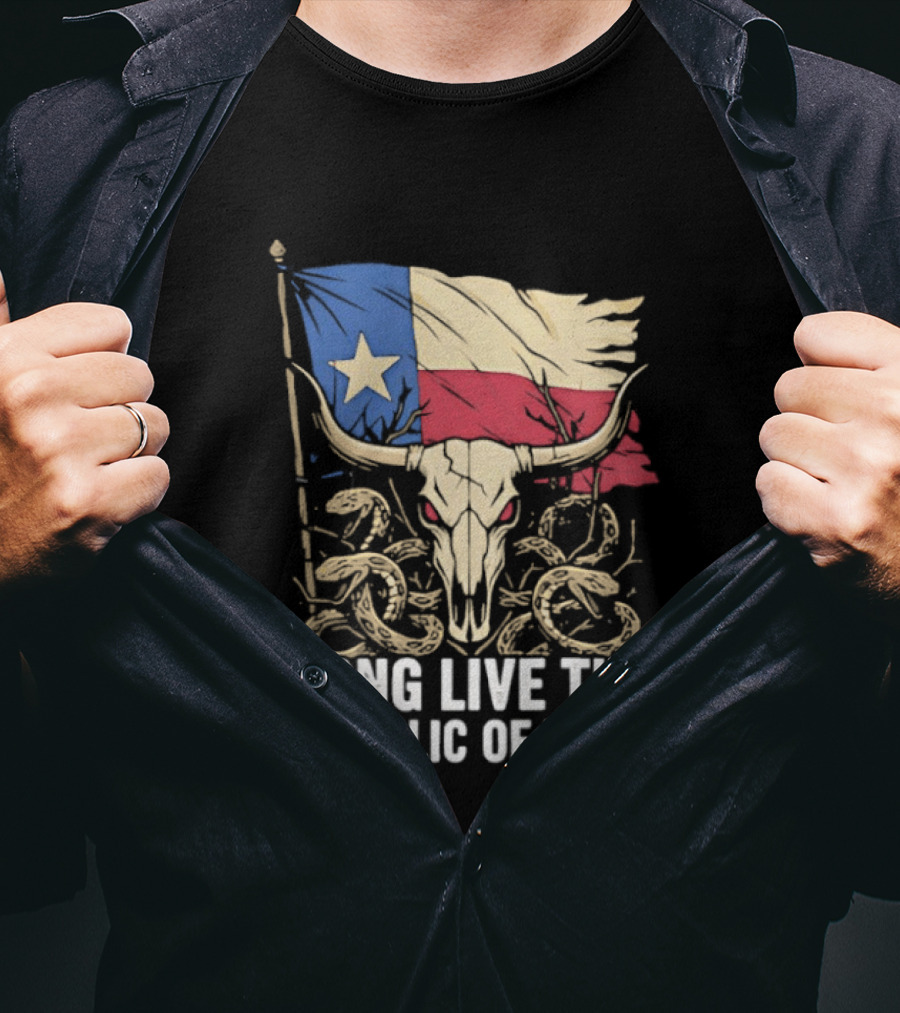 Texas Flag Skull With Snake Long Live The Republic Of Texas T-Shirt