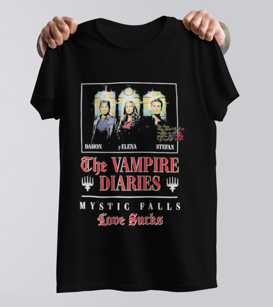 Damon Elena Stefan The Vampire Diaries Mystic Falls Love Sucks T-Shirt