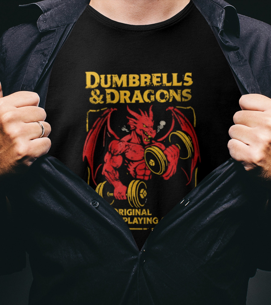 Dumbbells And Dragons The Original Swoleplaying Game Red Dragon Lifting Weights T-Shirt
