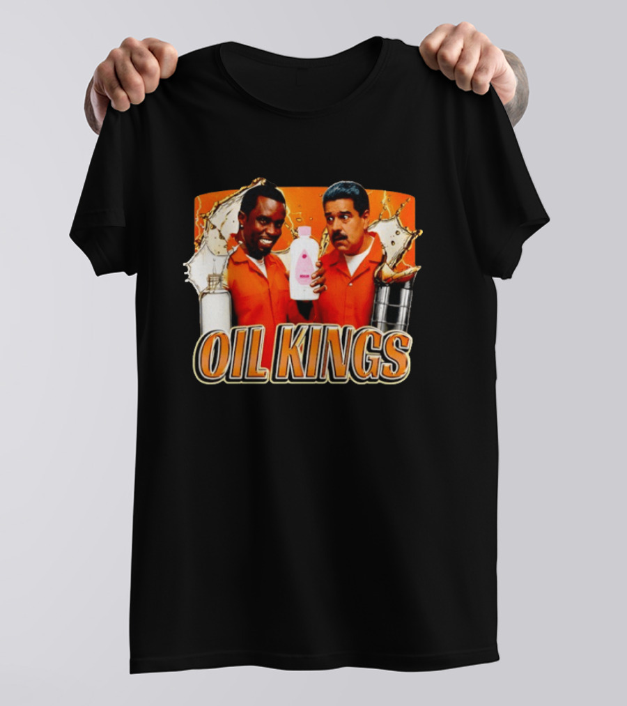 Oil Kings Comedy Parody With Iconic Characters And Baby Oil Bottle T-Shirt