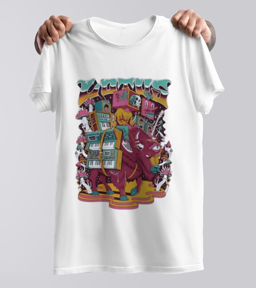 Skeleton Riding Bison Lotus Band Colorado Tour 2026 Psychedelic Instrument Adventure T-Shirt