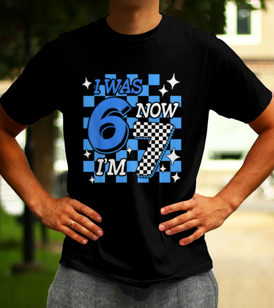 Blue Checkered I Was 6 Now I'm 7 Birthday Boy T-Shirt
