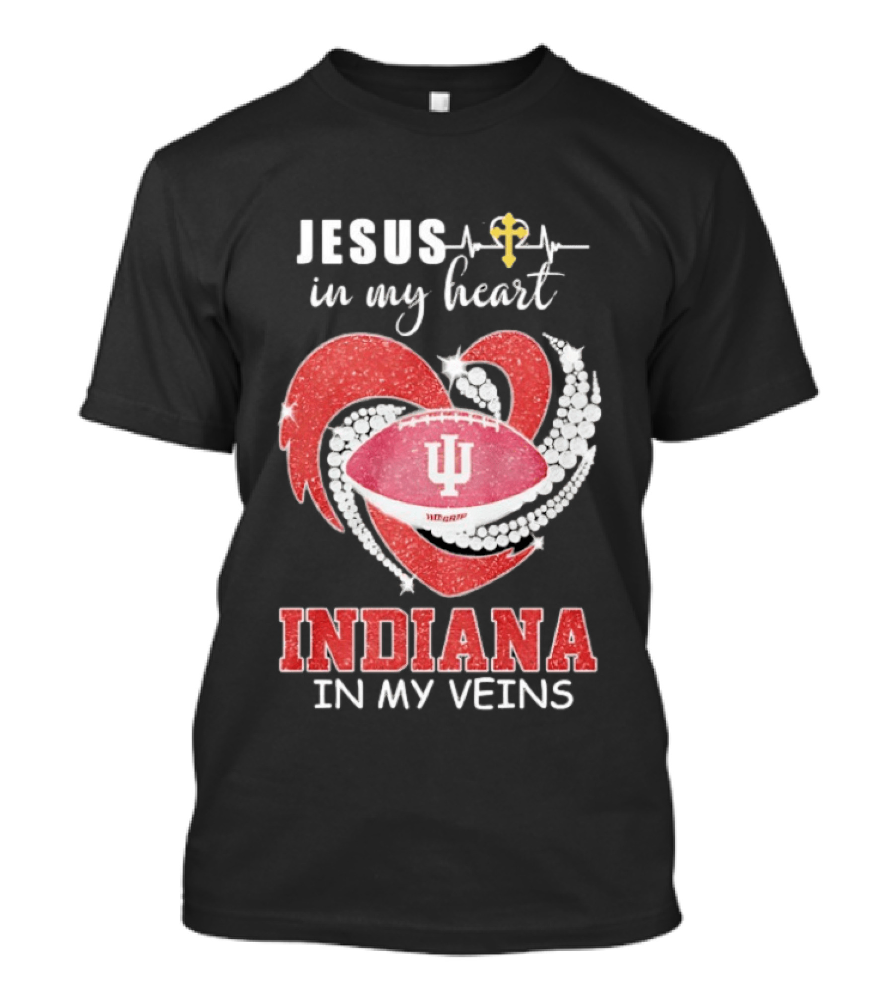 Jesus In My Heart Indiana In My Veins IU Football Heartbeat Cross T-Shirt