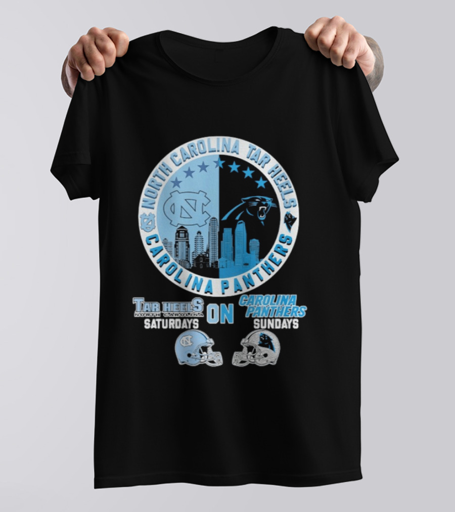 North Carolina Tar Heels Saturdays Carolina Panthers Sundays Helmet Mashup T-Shirt