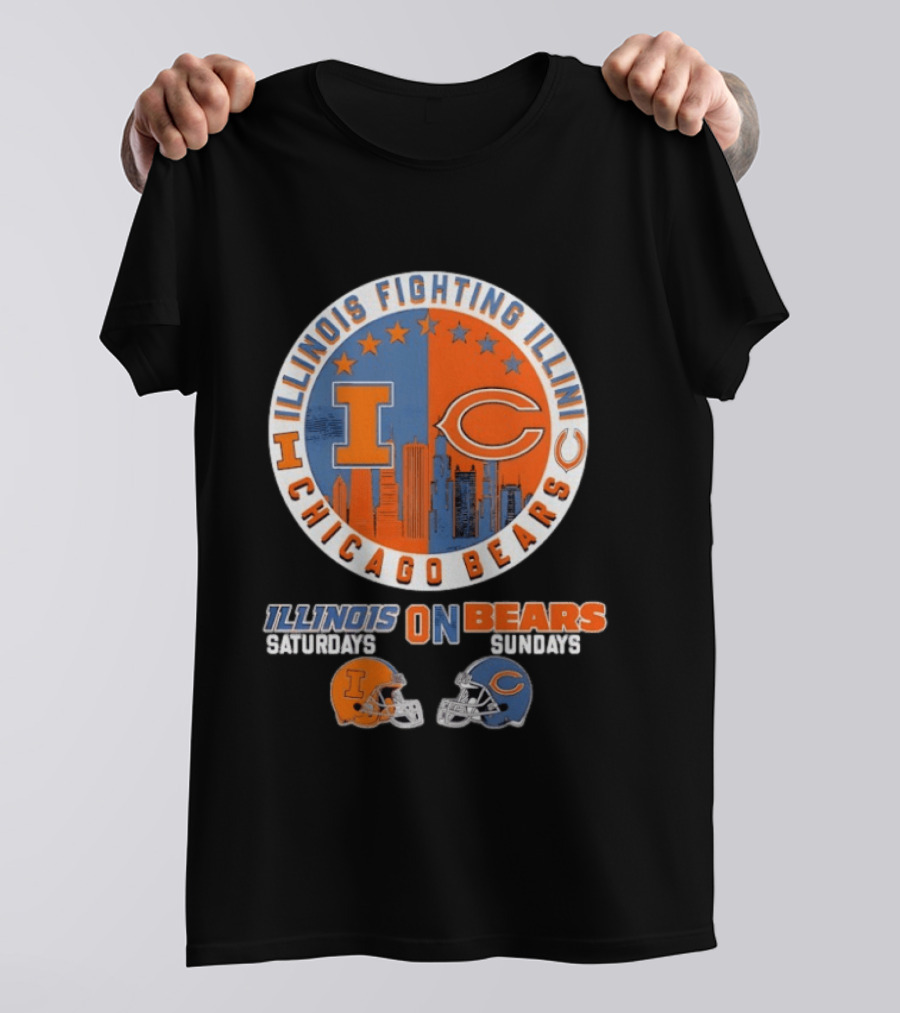 Illinois Fighting Illini And Chicago Bears Saturdays And Sundays Helmet Mashup T-Shirt