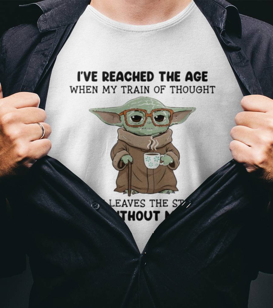 Baby Yoda Train Of Thought Humor With Coffee And Glasses T-Shirt